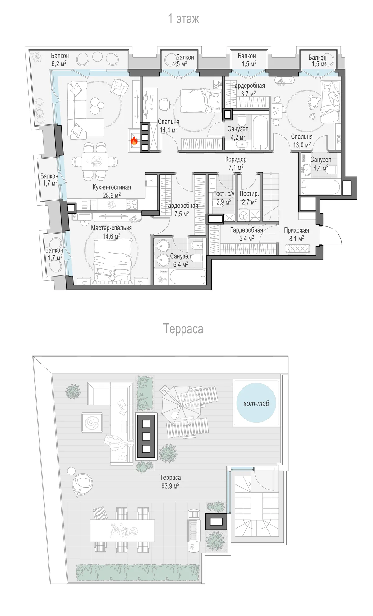 4-комнатный пентхаус 130,6 м² в ЖК «Тишинский бульвар» — планировки 1