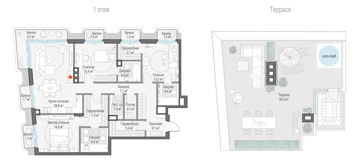 4-комнатный пентхаус 130,6 м² в ЖК «Тишинский бульвар» — планировки 4
