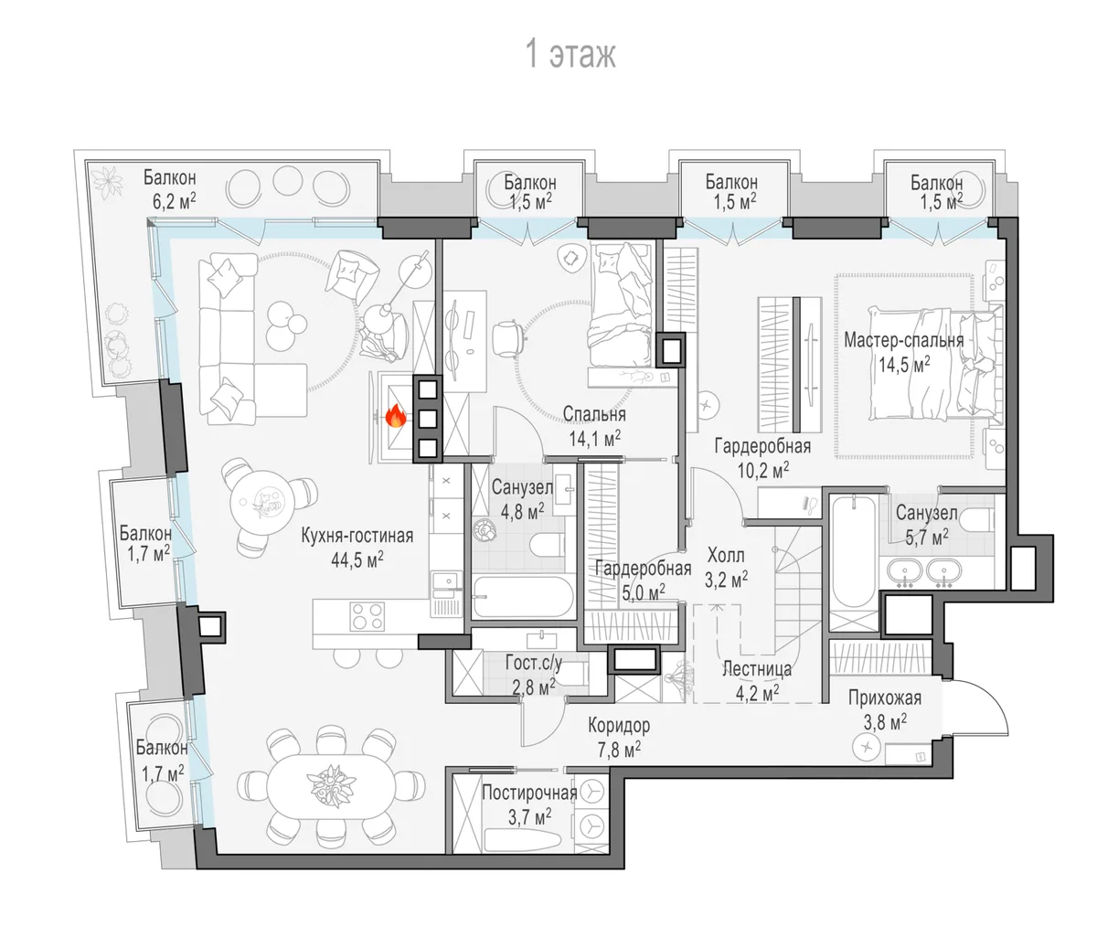 4-комнатный пентхаус 130,6 м² в ЖК «Тишинский бульвар» — планировки 5