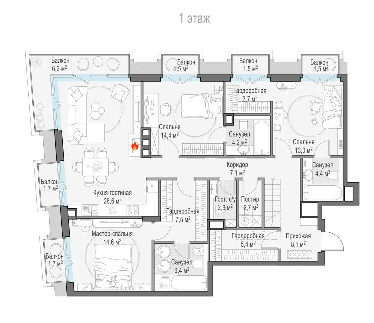 4-комнатный пентхаус 130,6 м² в ЖК «Тишинский бульвар» — планировки 6