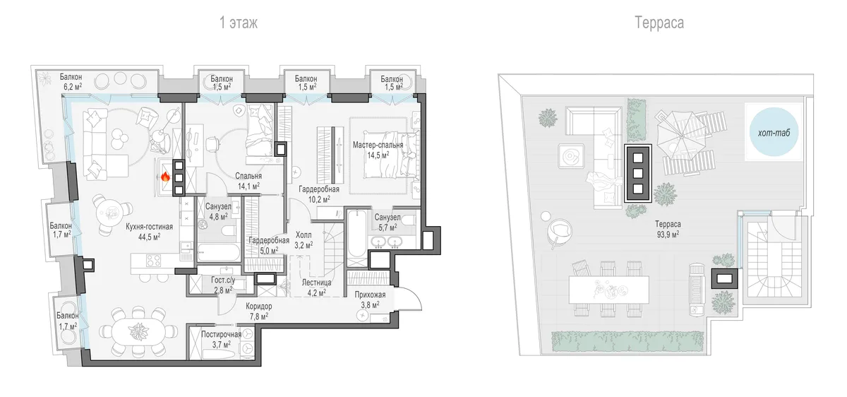 4-комнатный пентхаус 130,6 м² в ЖК «Тишинский бульвар» — планировки 7