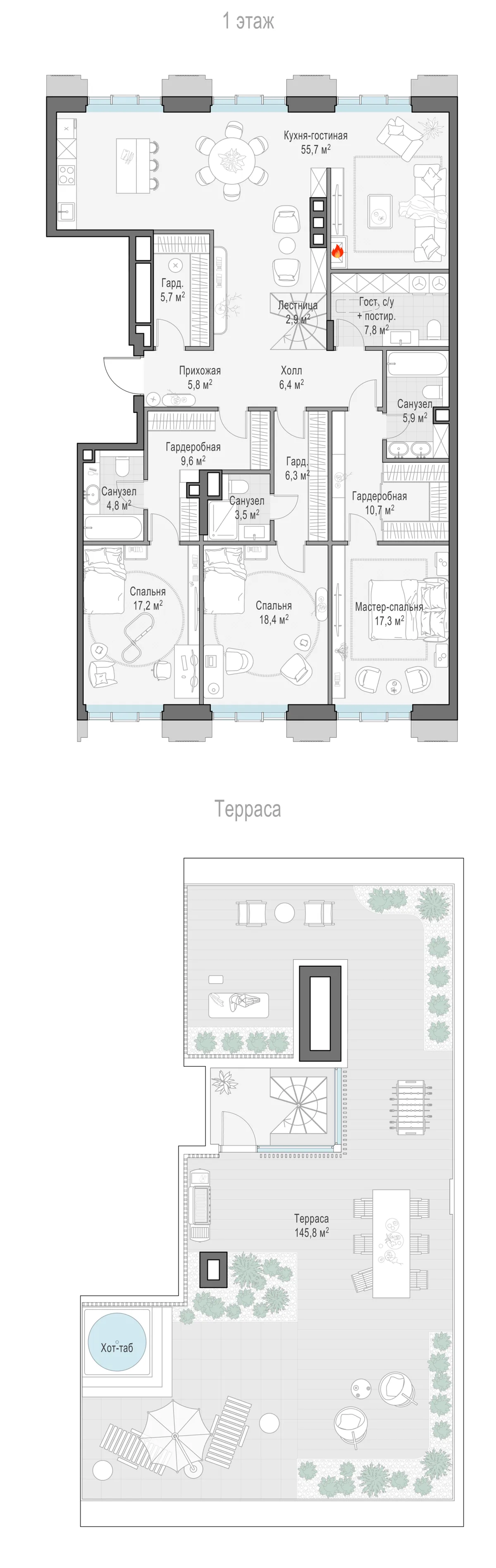 4-комнатный пентхаус 178,1 м² в ЖК «Тишинский бульвар» — планировки 3