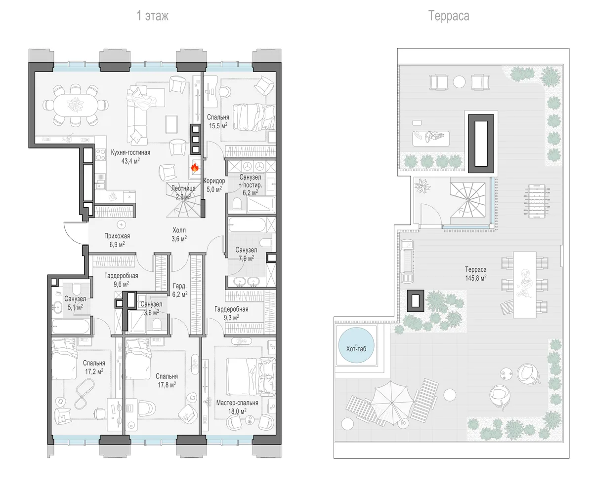 4-комнатный пентхаус 178,1 м² в ЖК «Тишинский бульвар» — планировки 4