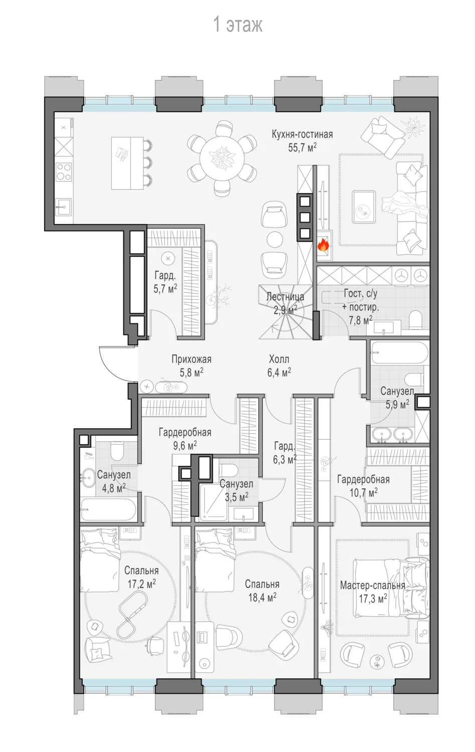 4-комнатный пентхаус 178,1 м² в ЖК «Тишинский бульвар» — планировки 6