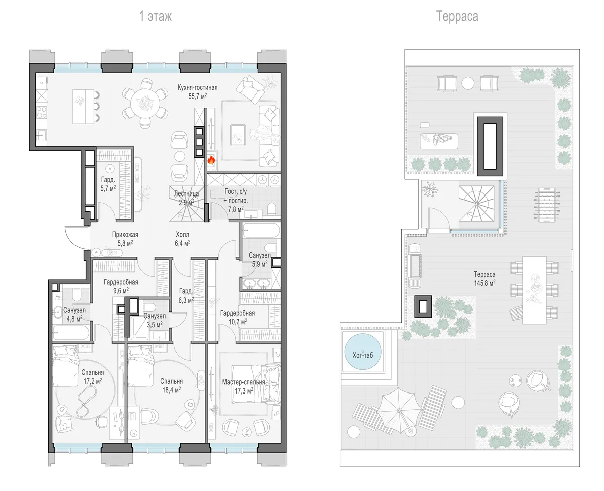 4-комнатный пентхаус 178,1 м² в ЖК «Тишинский бульвар» — планировки 7