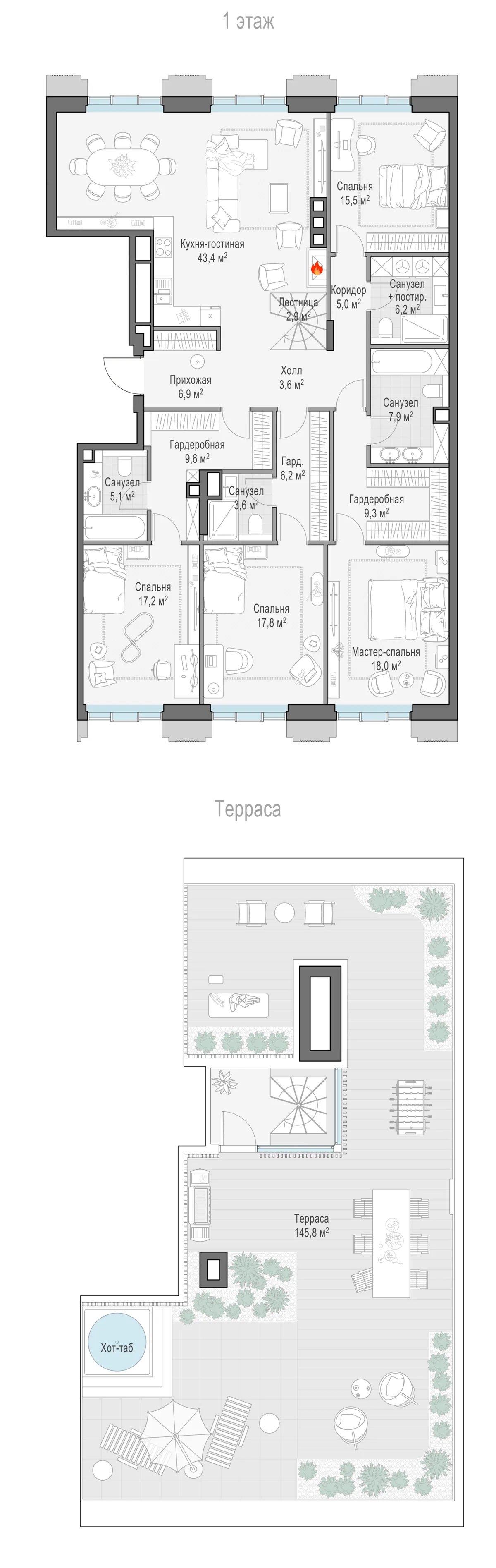 4-комнатный пентхаус 178,1 м² в ЖК «Тишинский бульвар» — планировки 8