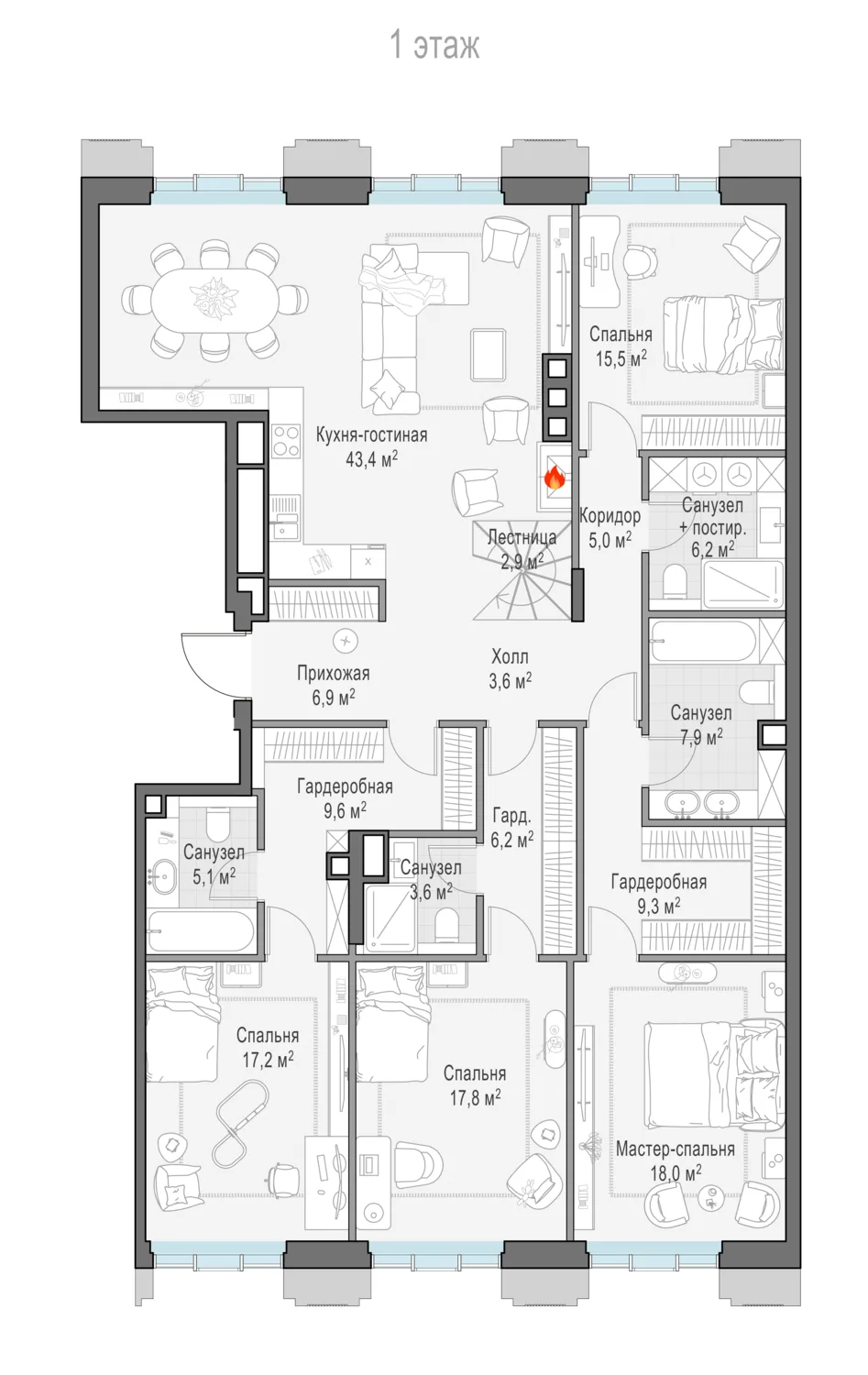 4-комнатный пентхаус 178,1 м² в ЖК «Тишинский бульвар» — планировки 9