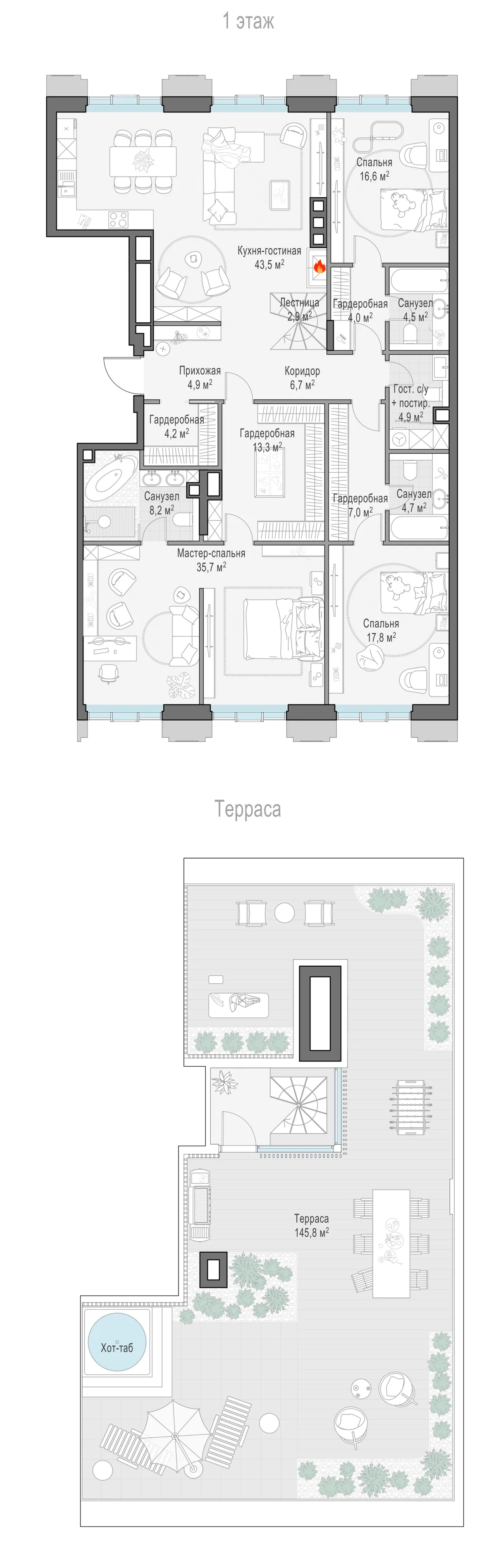 4-комнатный пентхаус 178,1 м² в ЖК «Тишинский бульвар» — планировки 11