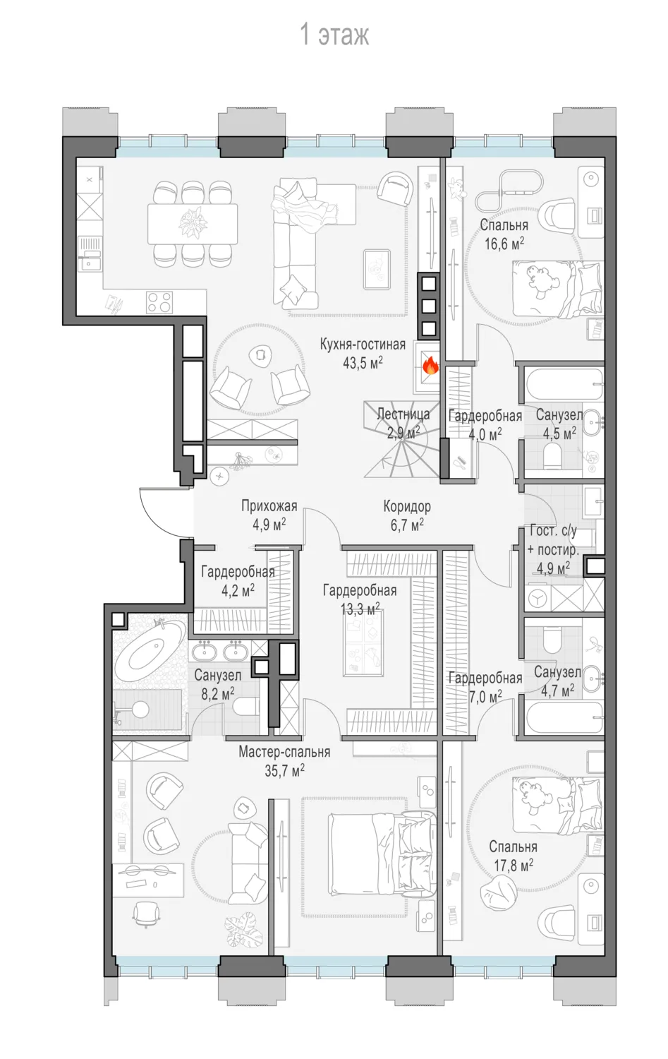 4-комнатный пентхаус 178,1 м² в ЖК «Тишинский бульвар» — планировки 12