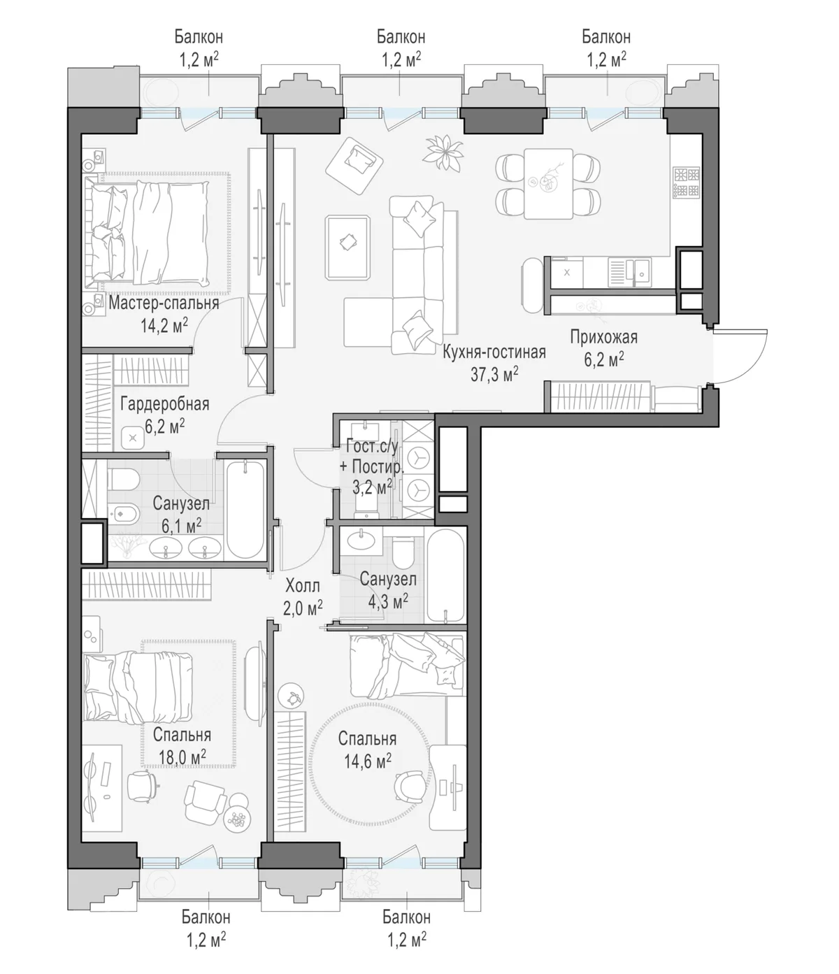 4-комнатная квартира 114,1 м² в ЖК «Тишинский бульвар» — планировки 1