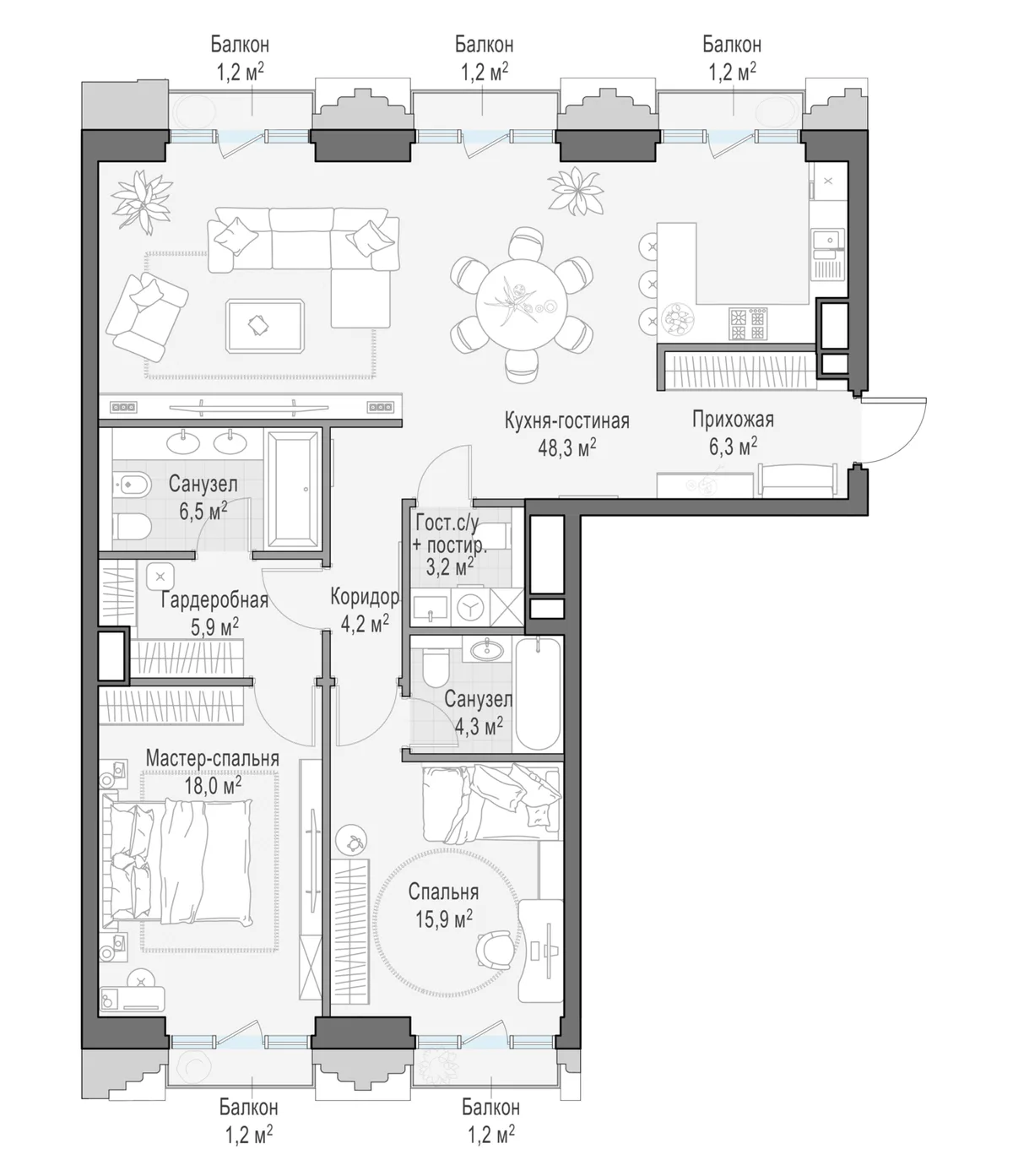 4-комнатная квартира 114,1 м² в ЖК «Тишинский бульвар» — планировки 2