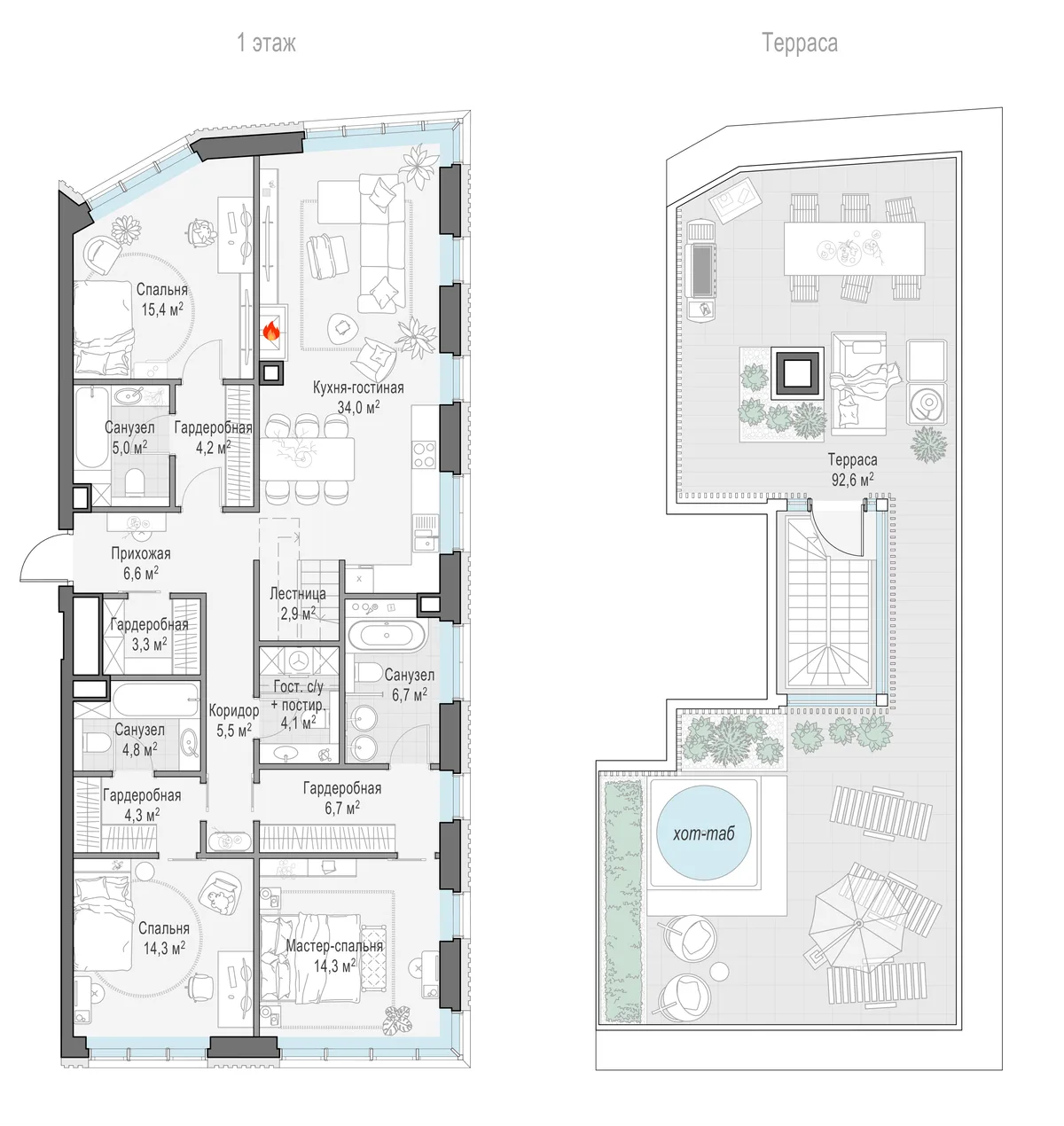 4-комнатный пентхаус 132 м² в ЖК «Тишинский бульвар» — планировки 1