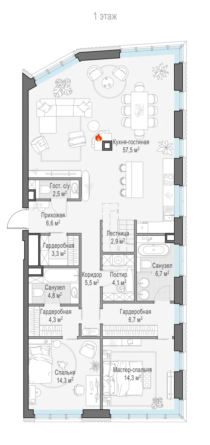 4-комнатный пентхаус 132 м² в ЖК «Тишинский бульвар» — планировки 5