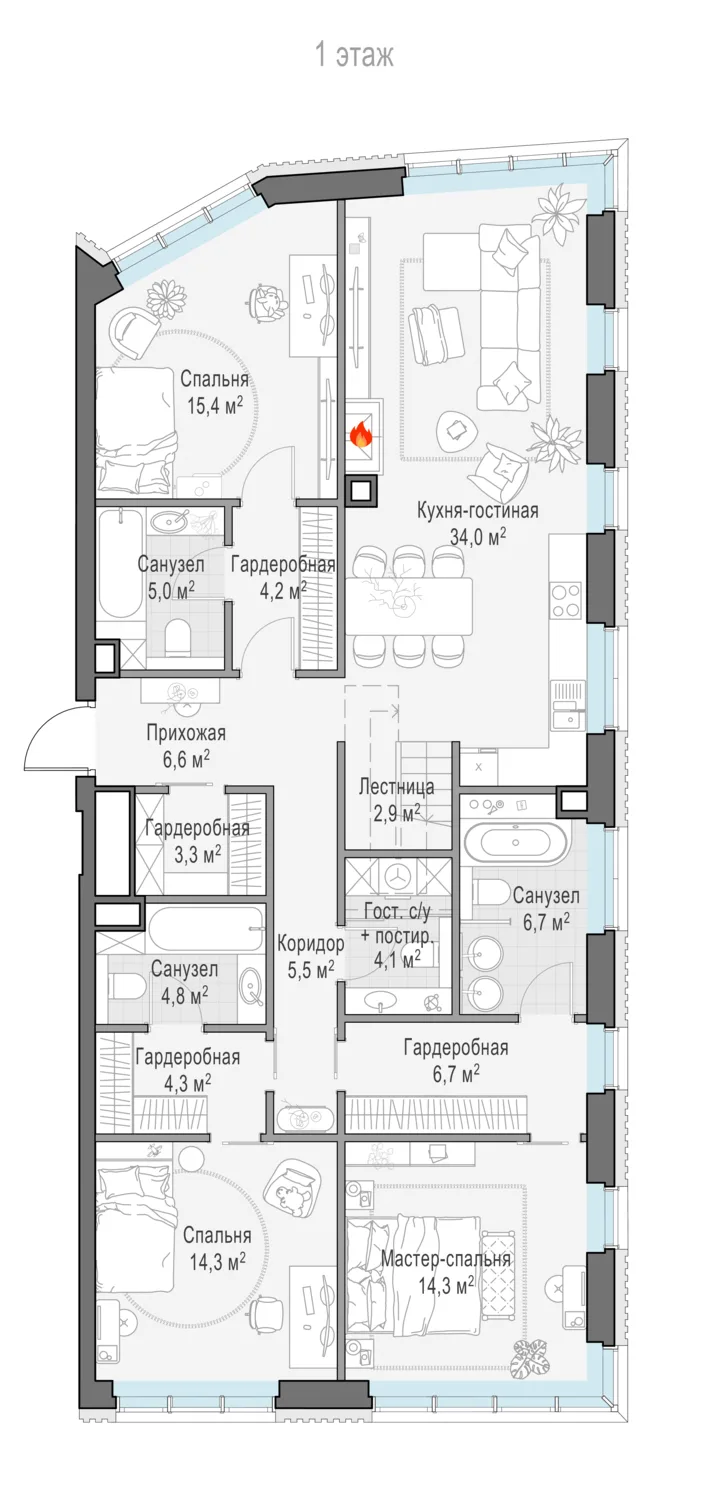 4-комнатный пентхаус 132 м² в ЖК «Тишинский бульвар» — планировки 8