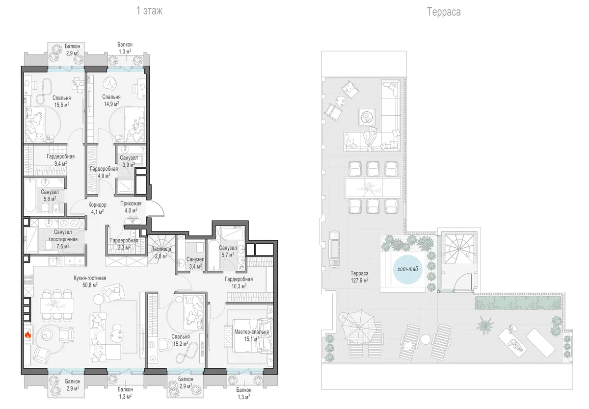 5-комнатный пентхаус 182,7 м² в ЖК «Тишинский бульвар» — планировки 1
