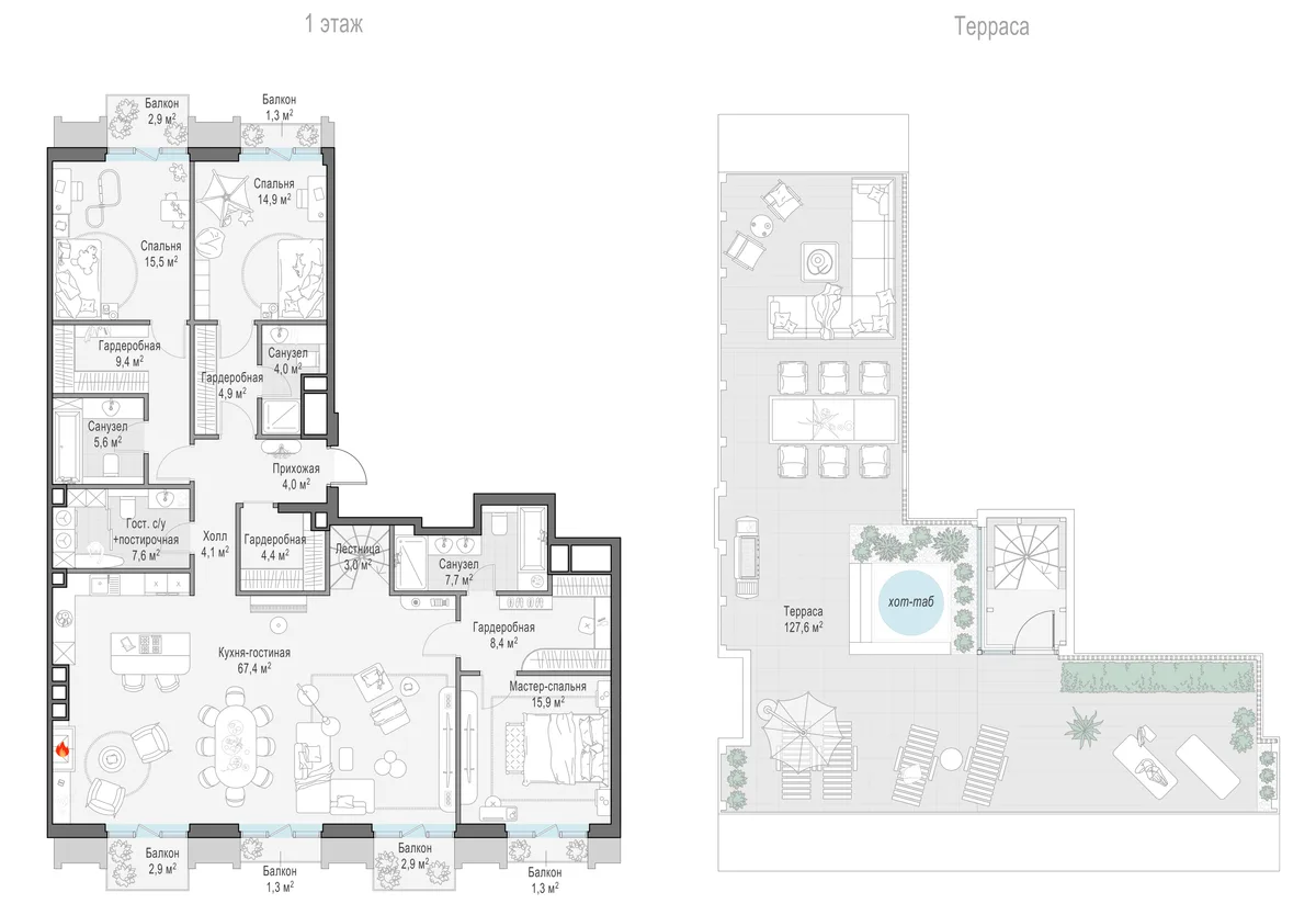 5-комнатный пентхаус 182,7 м² в ЖК «Тишинский бульвар» — планировки 2