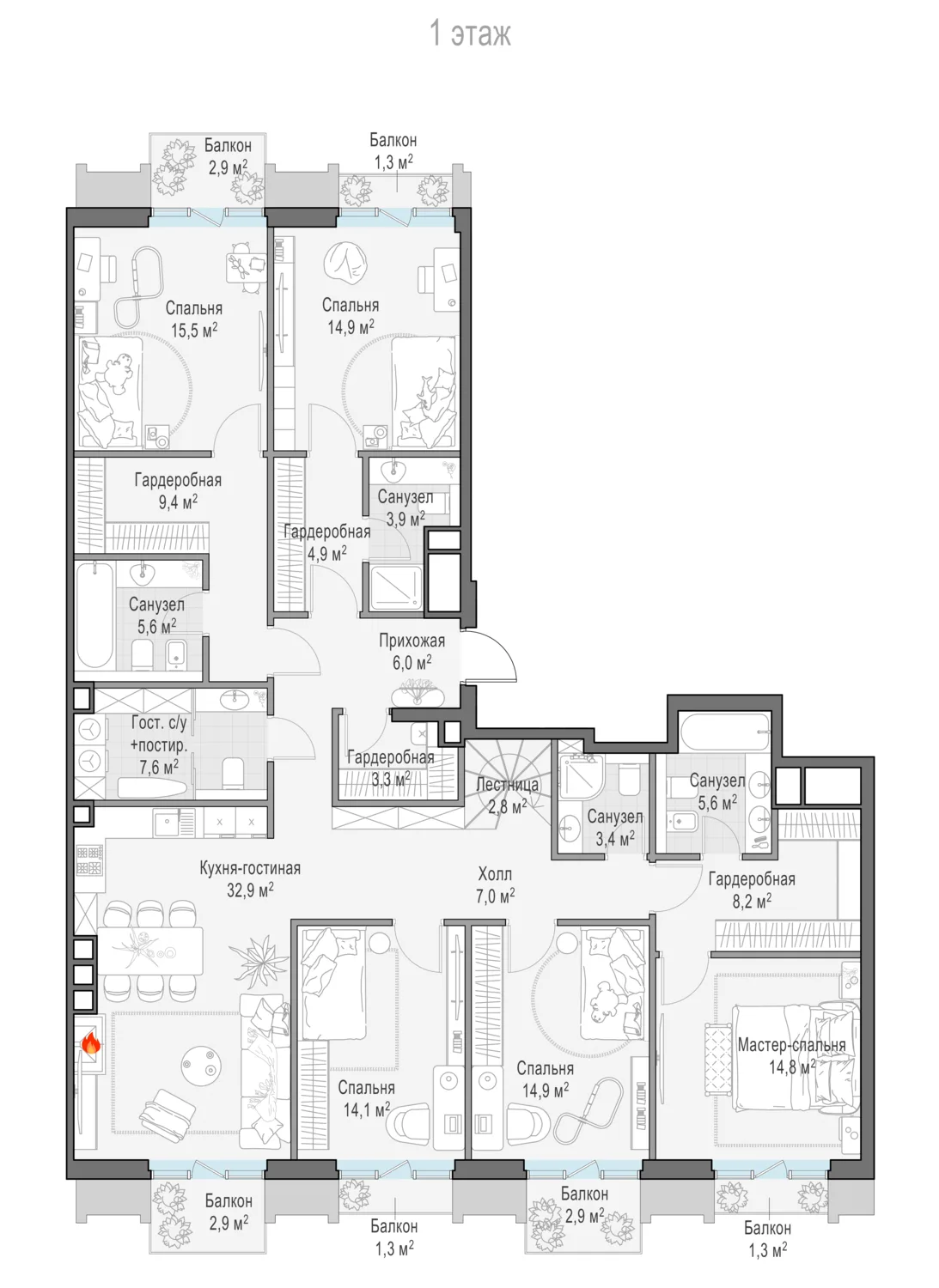 5-комнатный пентхаус 182,7 м² в ЖК «Тишинский бульвар» — планировки 3