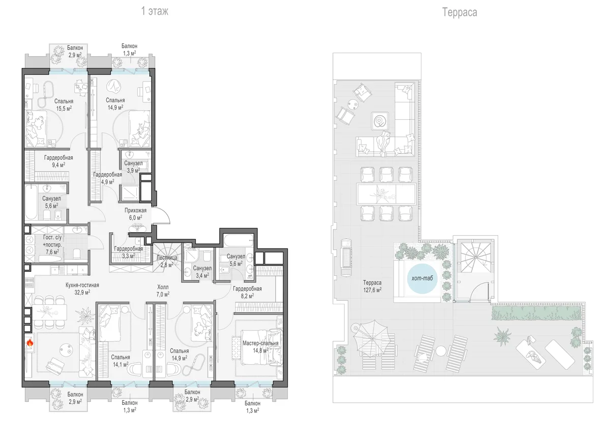 5-комнатный пентхаус 182,7 м² в ЖК «Тишинский бульвар» — планировки 4