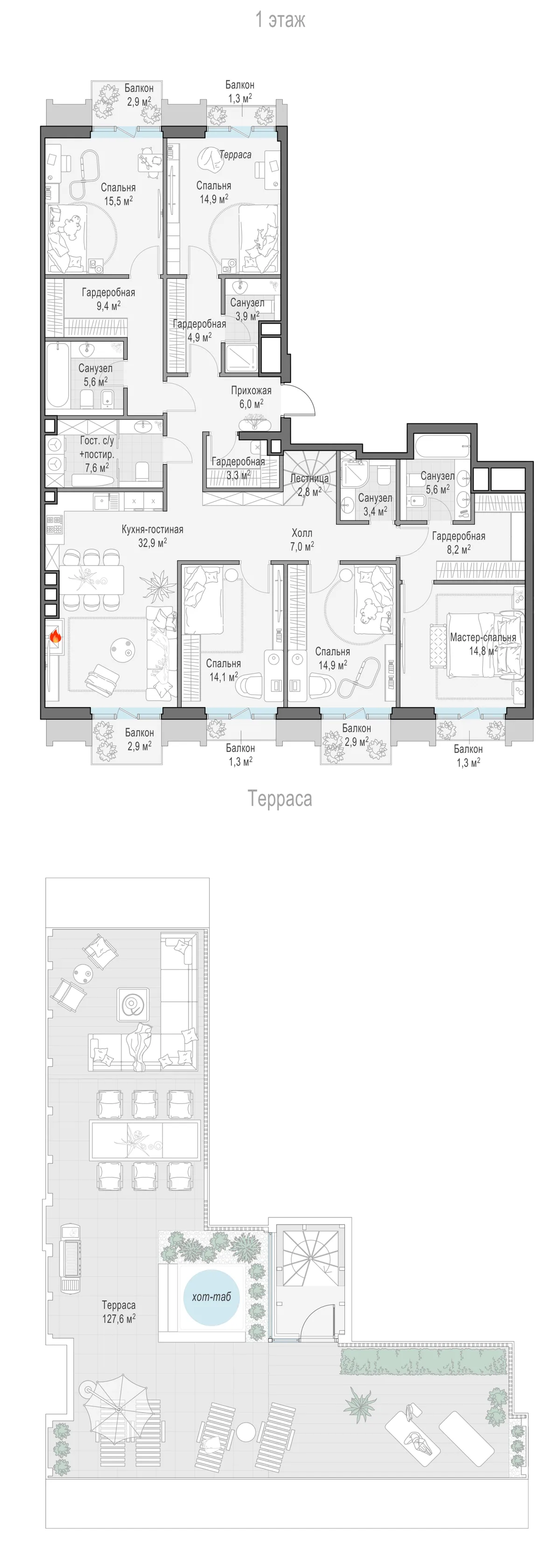 5-комнатный пентхаус 182,7 м² в ЖК «Тишинский бульвар» — планировки 6