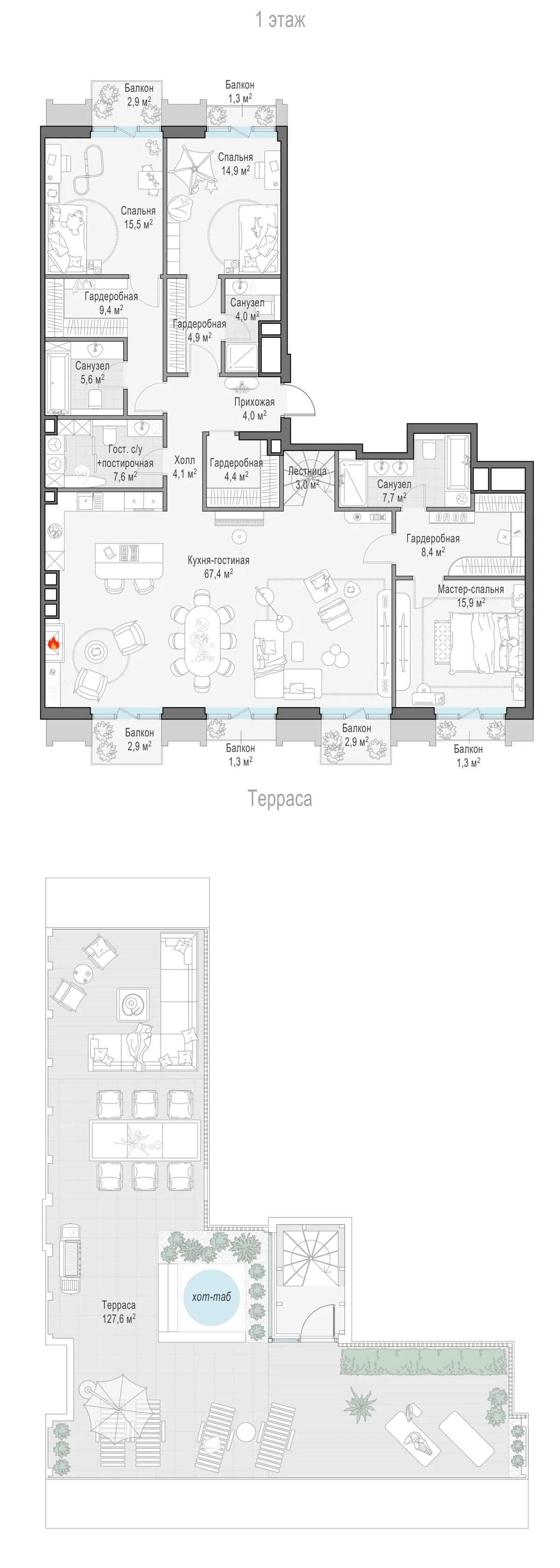 5-комнатный пентхаус 182,7 м² в ЖК «Тишинский бульвар» — планировки 7