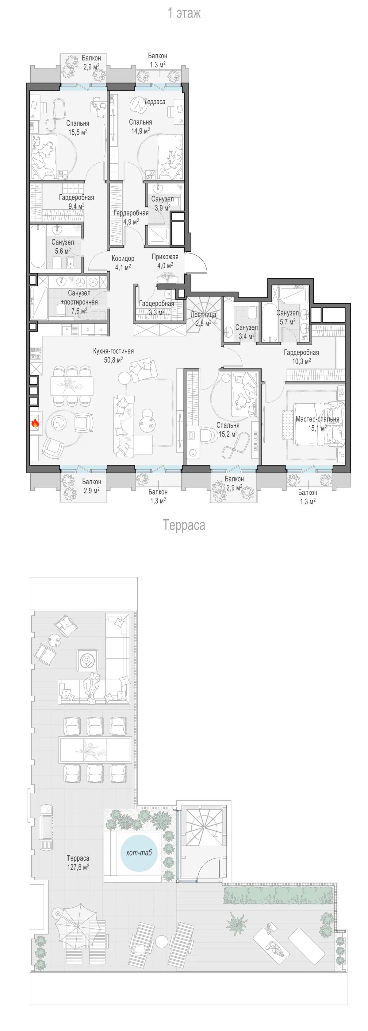 5-комнатный пентхаус 182,7 м² в ЖК «Тишинский бульвар» — планировки 10