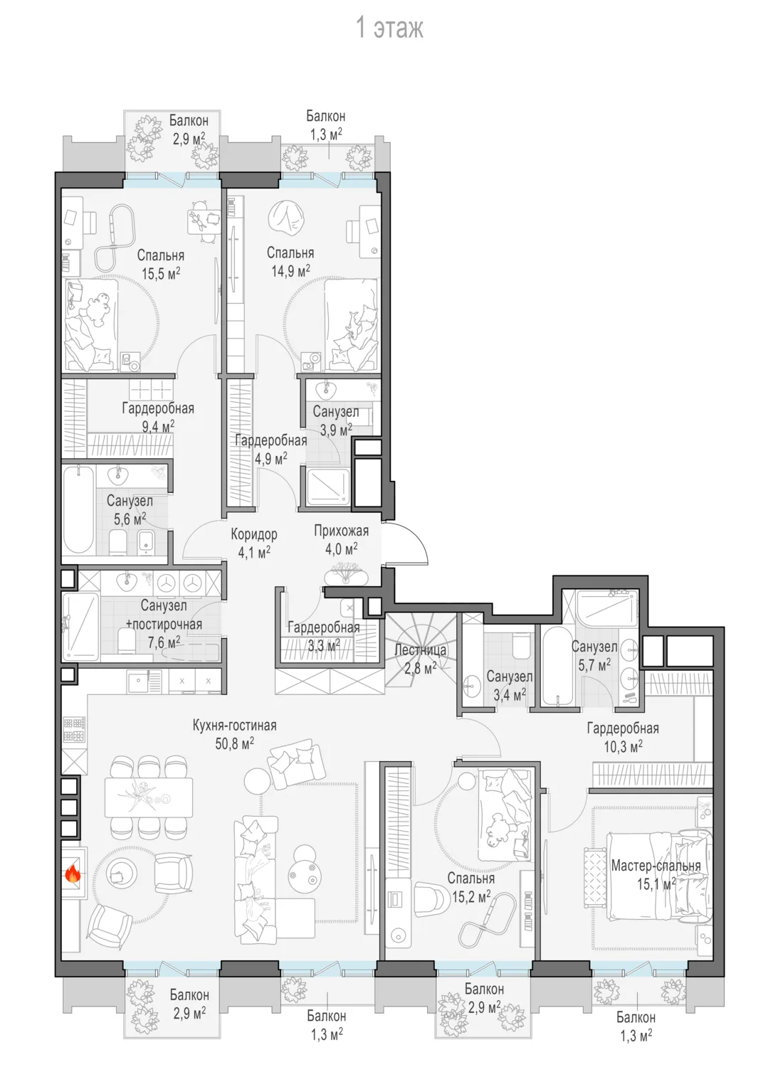 5-комнатный пентхаус 182,7 м² в ЖК «Тишинский бульвар» — планировки 11