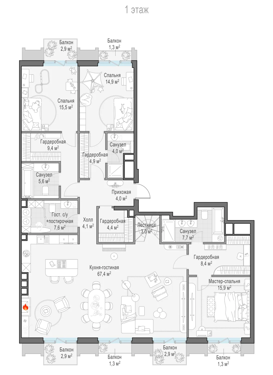 5-комнатный пентхаус 182,7 м² в ЖК «Тишинский бульвар» — планировки 12