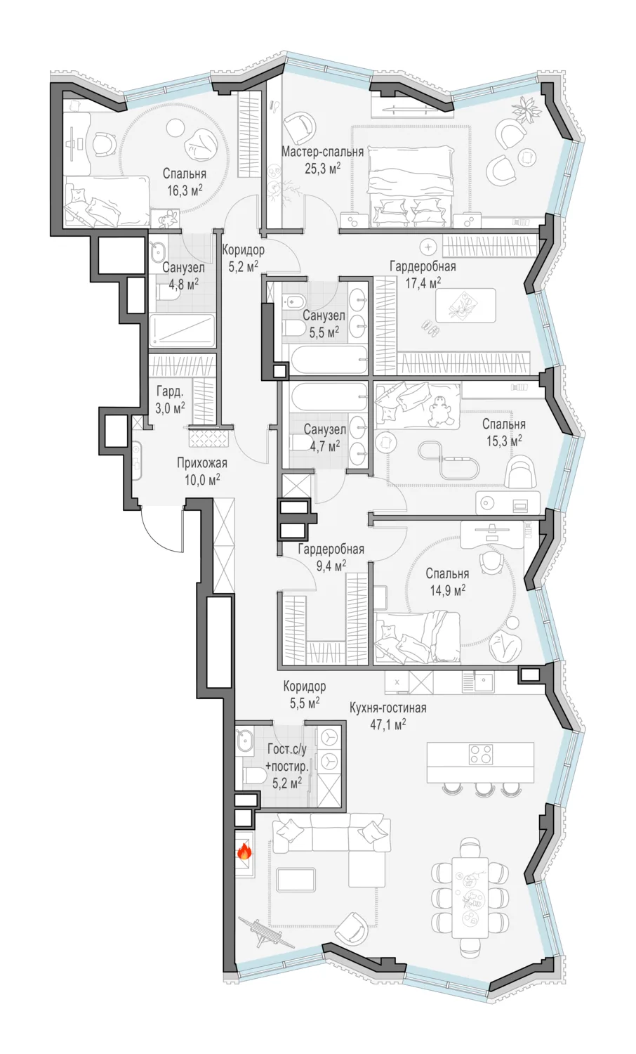 5-комнатная квартира 190 м² в ЖК «Тишинский бульвар» — планировки 1
