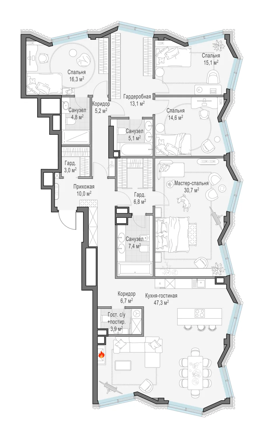 5-комнатная квартира 190 м² в ЖК «Тишинский бульвар» — планировки 2