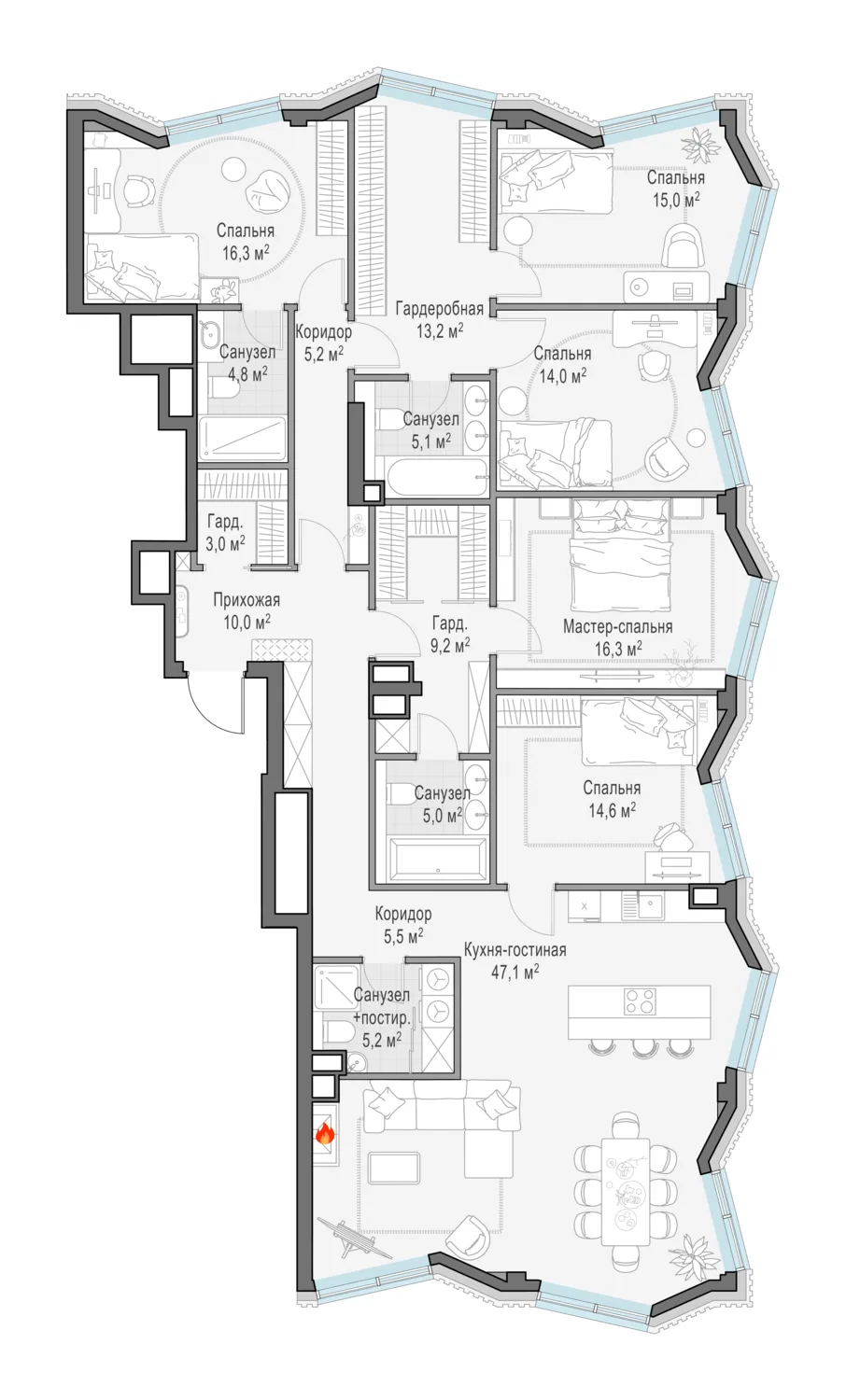 5-комнатная квартира 190 м² в ЖК «Тишинский бульвар» — планировки 3