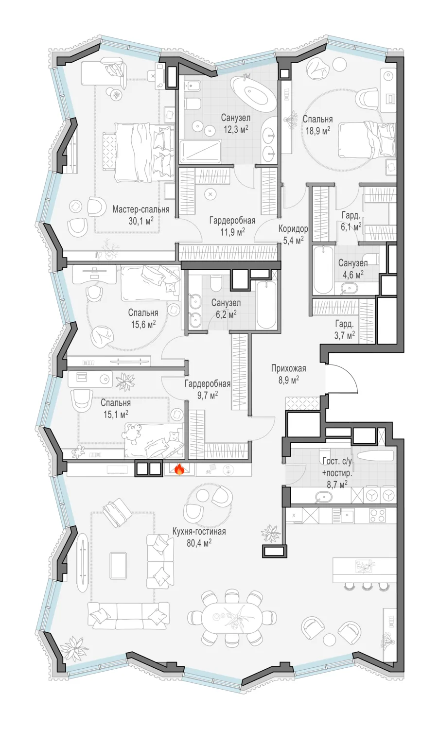 5-комнатная квартира 236 м² в ЖК «Тишинский бульвар» — планировки 1