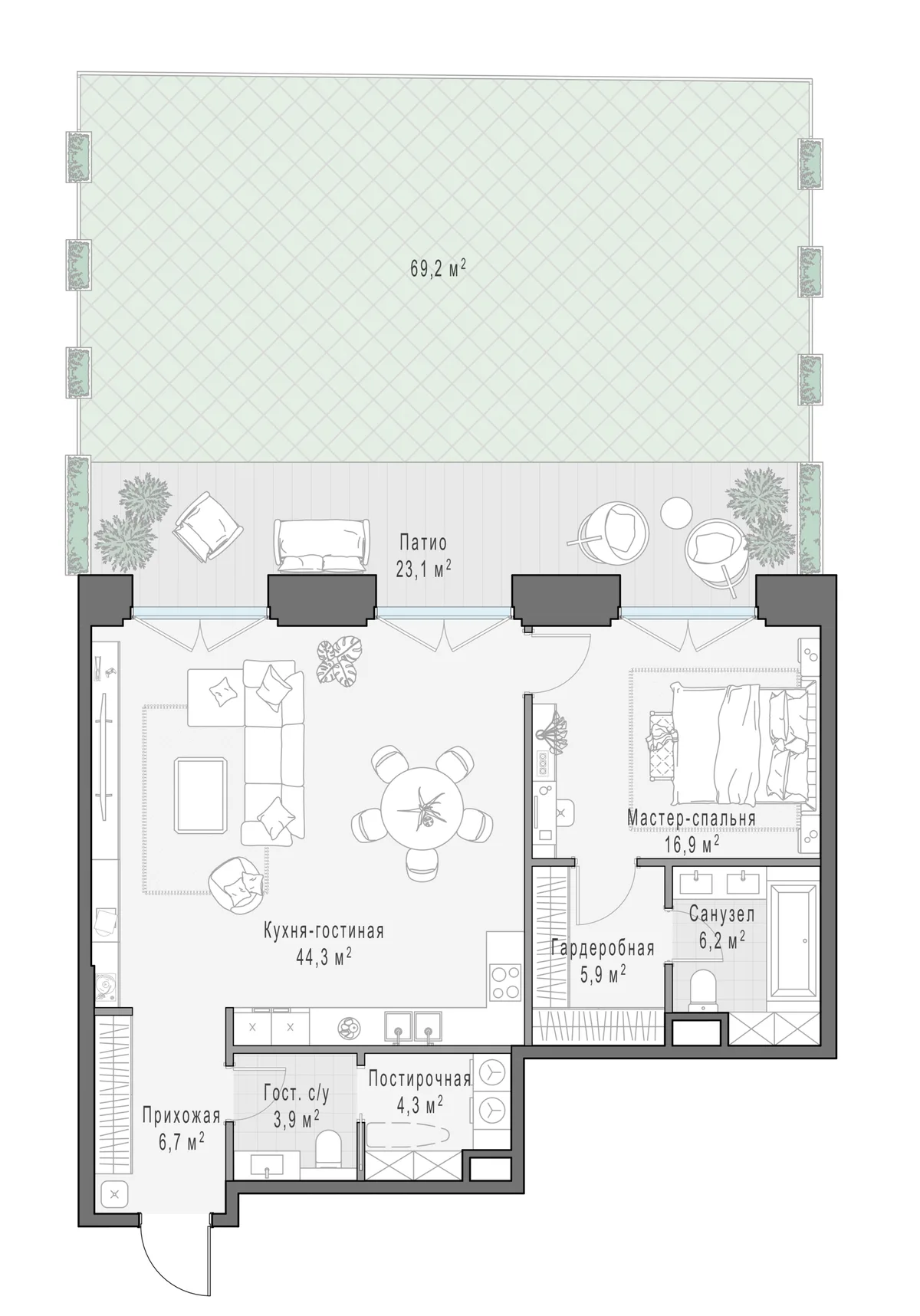 1-комнатный ситихаус 88,7 м² в ЖК «Фрунзенский» — планировки 1