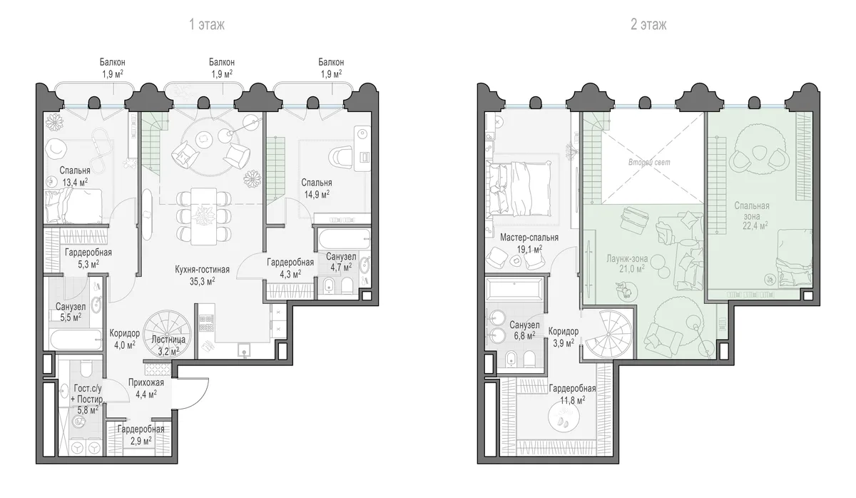 2-комнатная квартира 105,6 м² в ЖК «Фрунзенский» — планировки 3