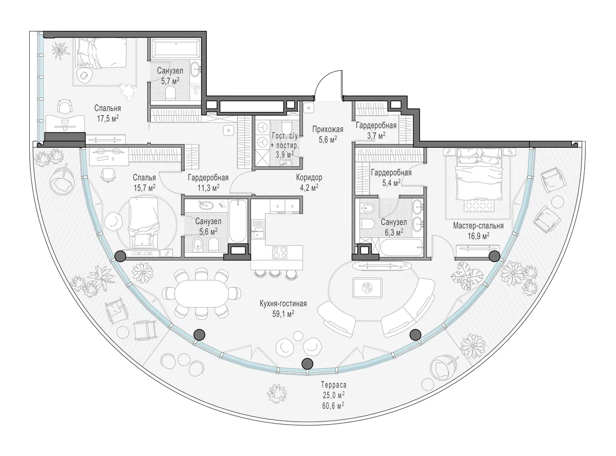 3-комнатная квартира 167,7 м² в ЖК «Фрунзенский» — планировки 3