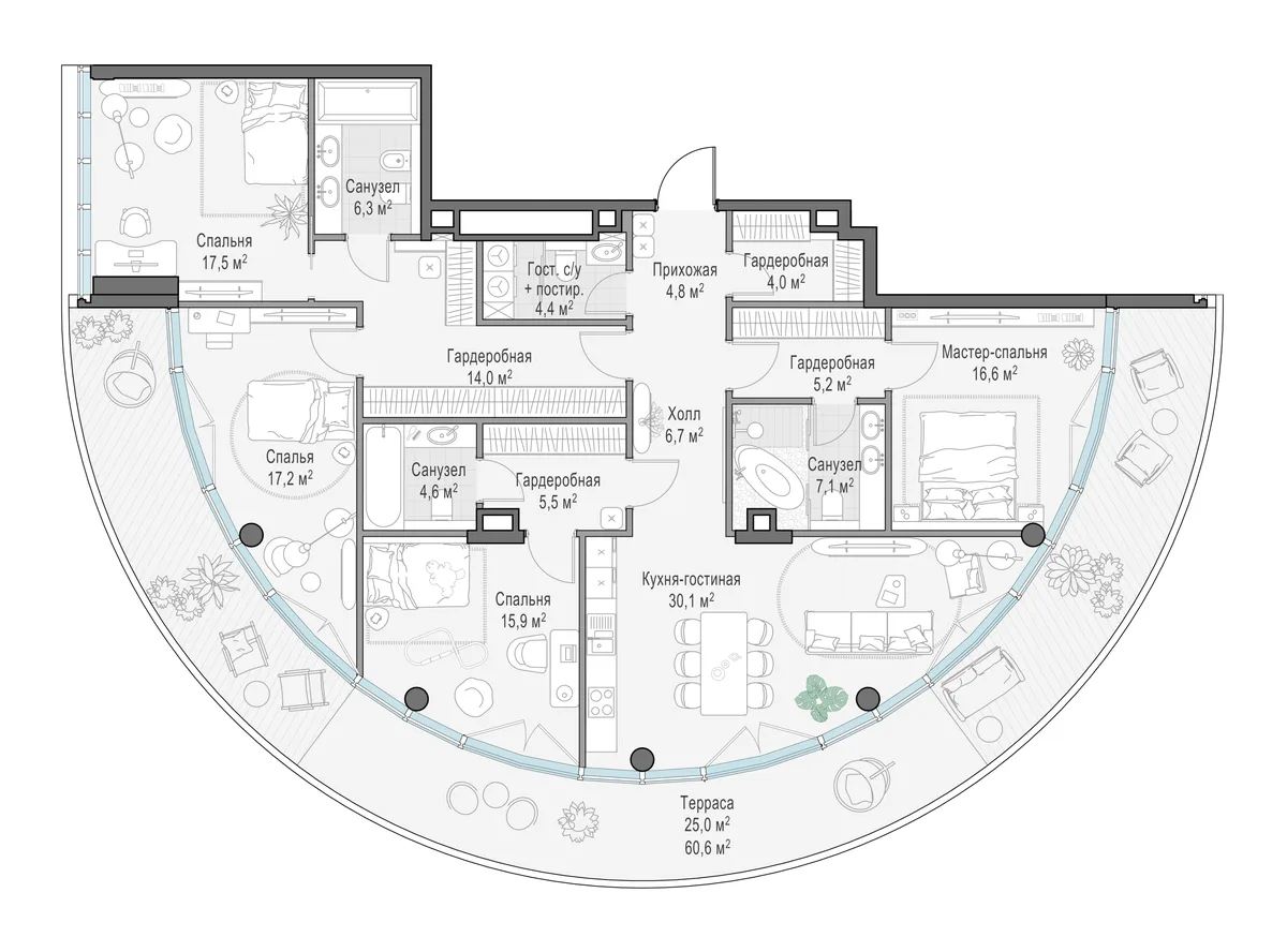 3-комнатная квартира 167,8 м² в ЖК «Фрунзенский» — планировки 3