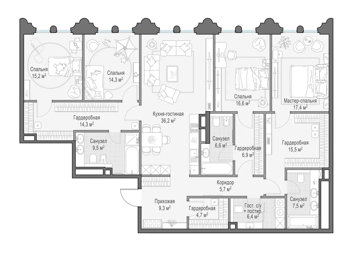 3-комнатная квартира 187,5 м² в ЖК «Фрунзенский» — планировки 1
