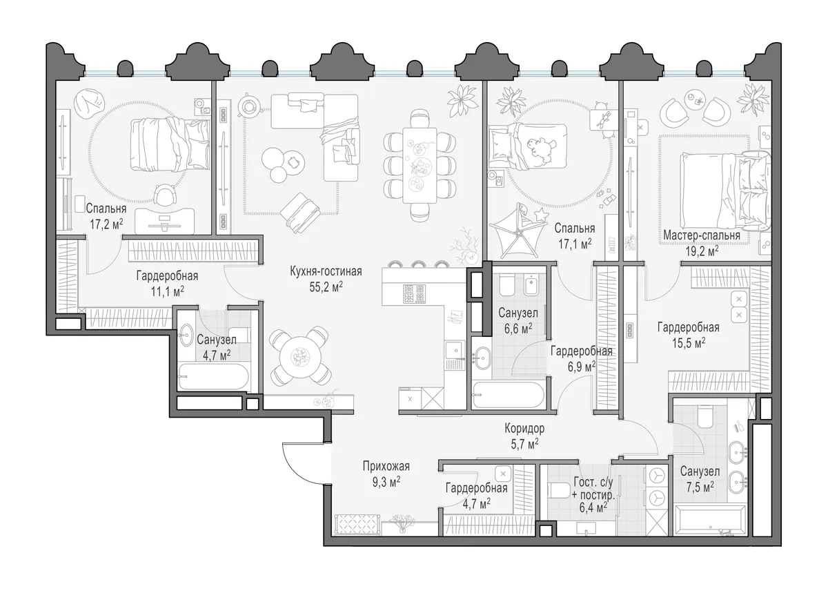 3-комнатная квартира 187,3 м² в ЖК «Фрунзенский» — планировки 1