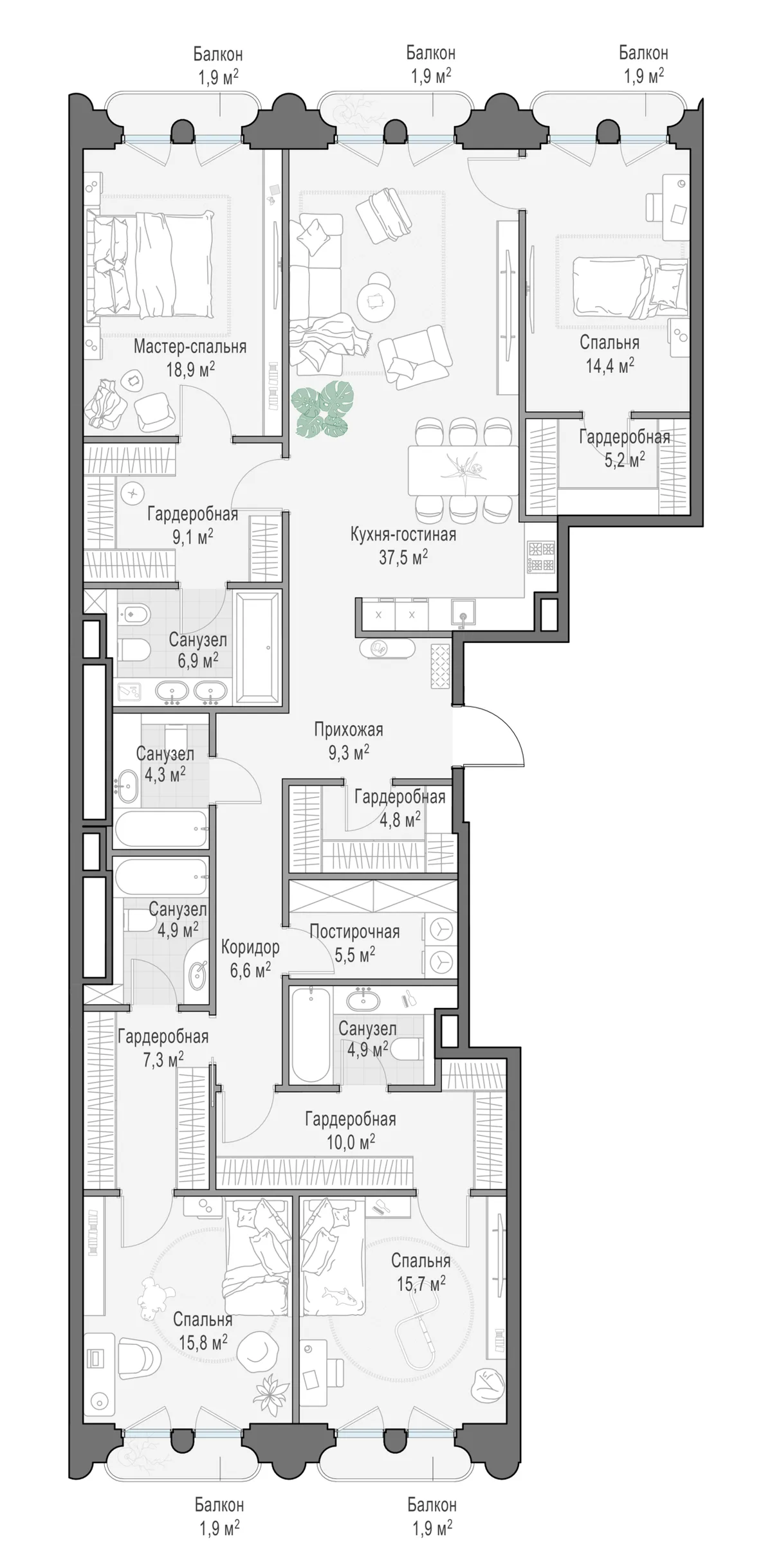 3-комнатная квартира 186,1 м² в ЖК «Фрунзенский» — планировки 1