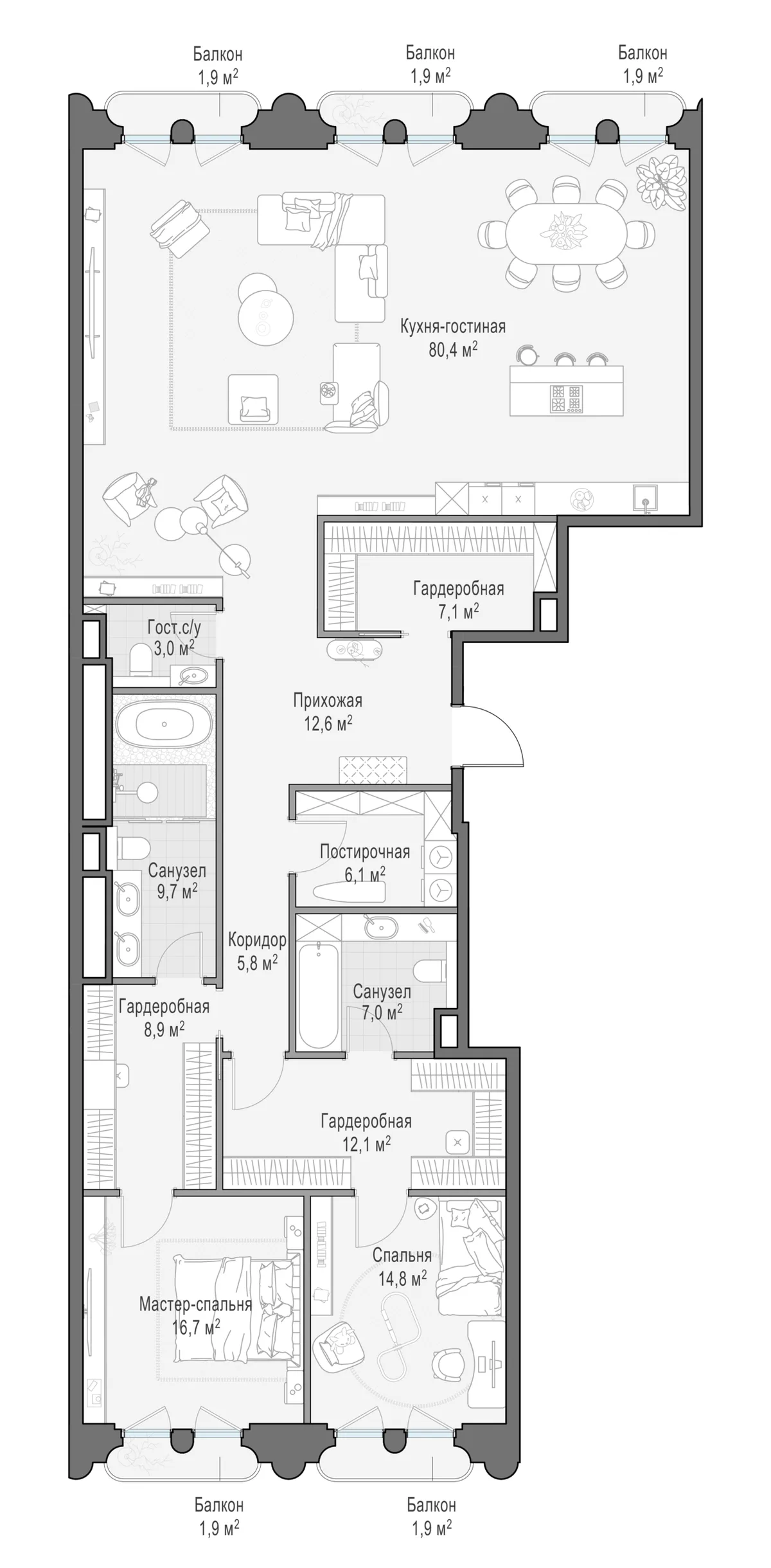 3-комнатная квартира 186,1 м² в ЖК «Фрунзенский» — планировки 2