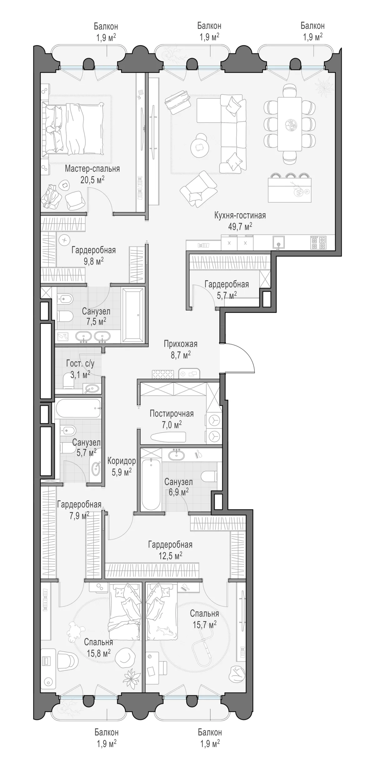 3-комнатная квартира 186,1 м² в ЖК «Фрунзенский» — планировки 3