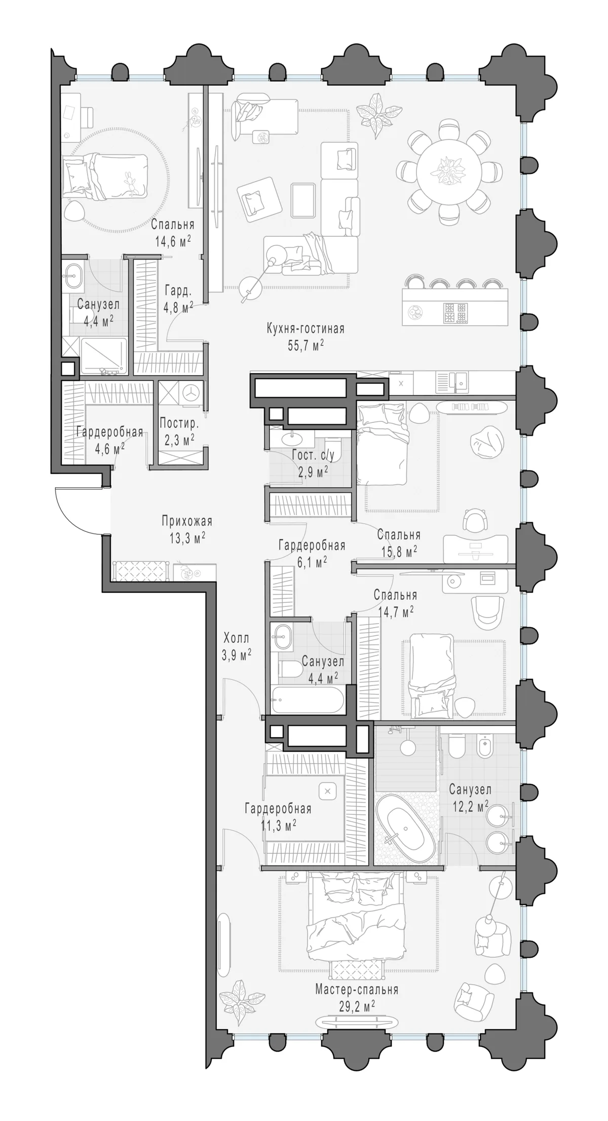 4-комнатная квартира 199,4 м² в ЖК «Фрунзенский» — планировки 1