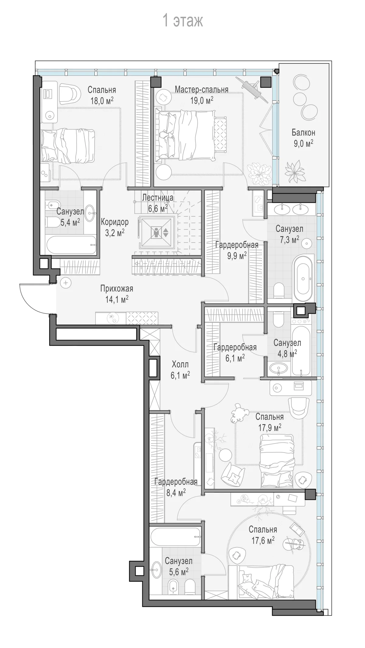5-комнатный пентхаус 307,1 м² в ЖК «Фрунзенский» — планировки 10